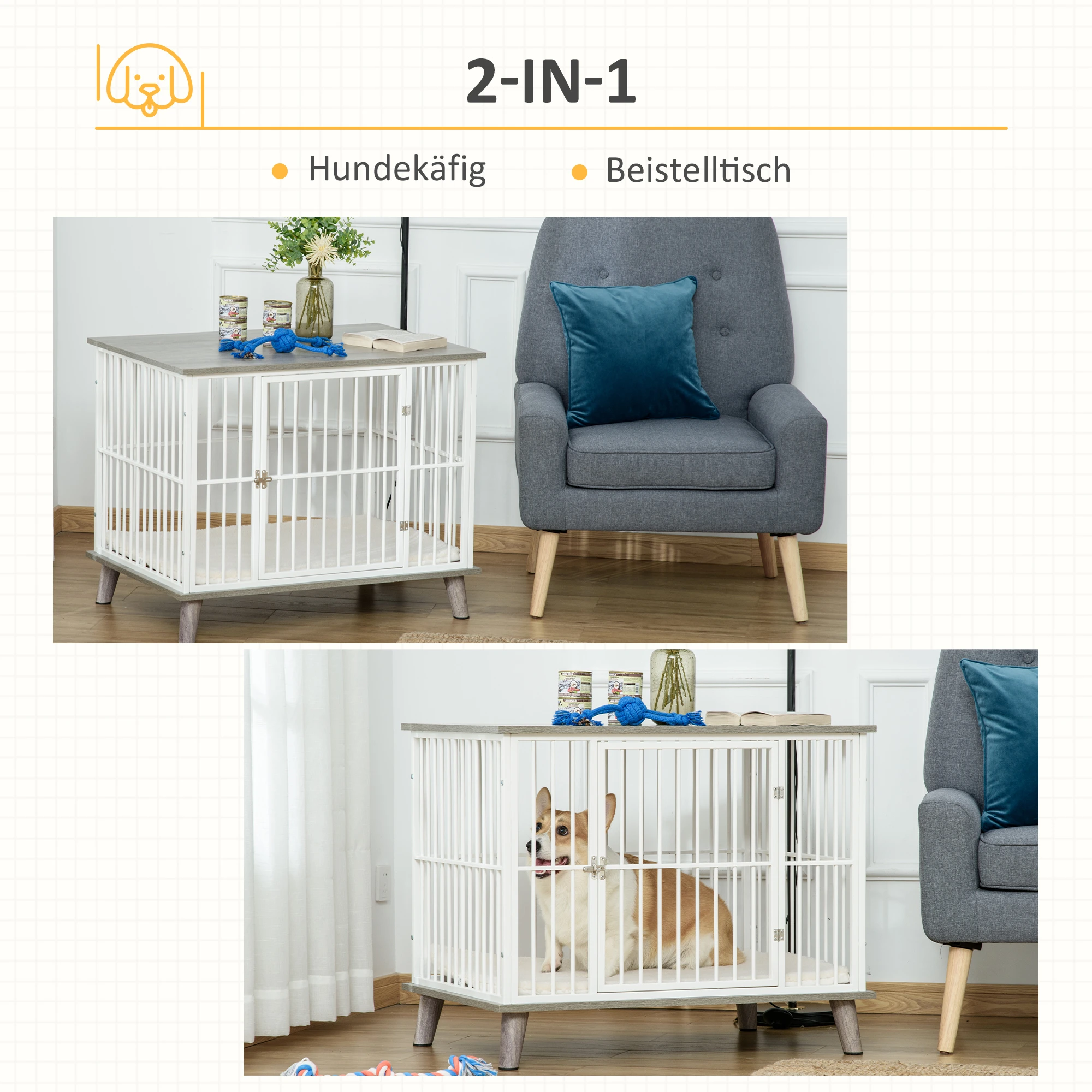Houten Honden Bench 86 cm x 60 cm x 70 cm – Grijs/Wit