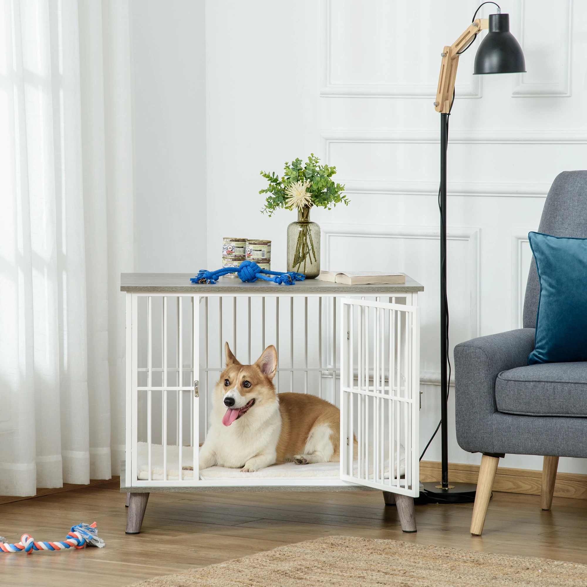 Houten Honden Bench 86 cm x 60 cm x 70 cm – Grijs/Wit