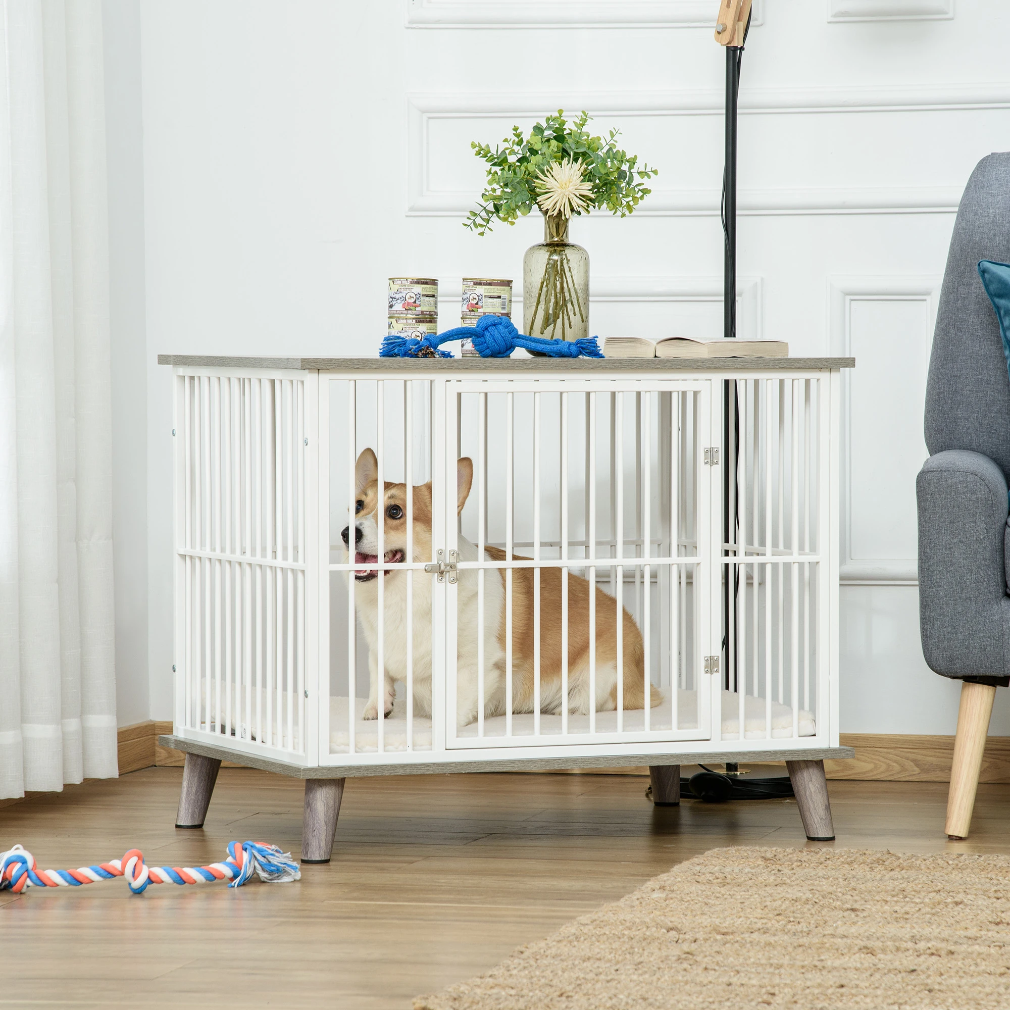 Houten Honden Bench 86 cm x 60 cm x 70 cm – Grijs/Wit
