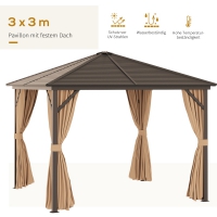 Tuinpaviljoen met metalen dak, 3 x 3 x 2,6m, 4 gordijnen, bruin