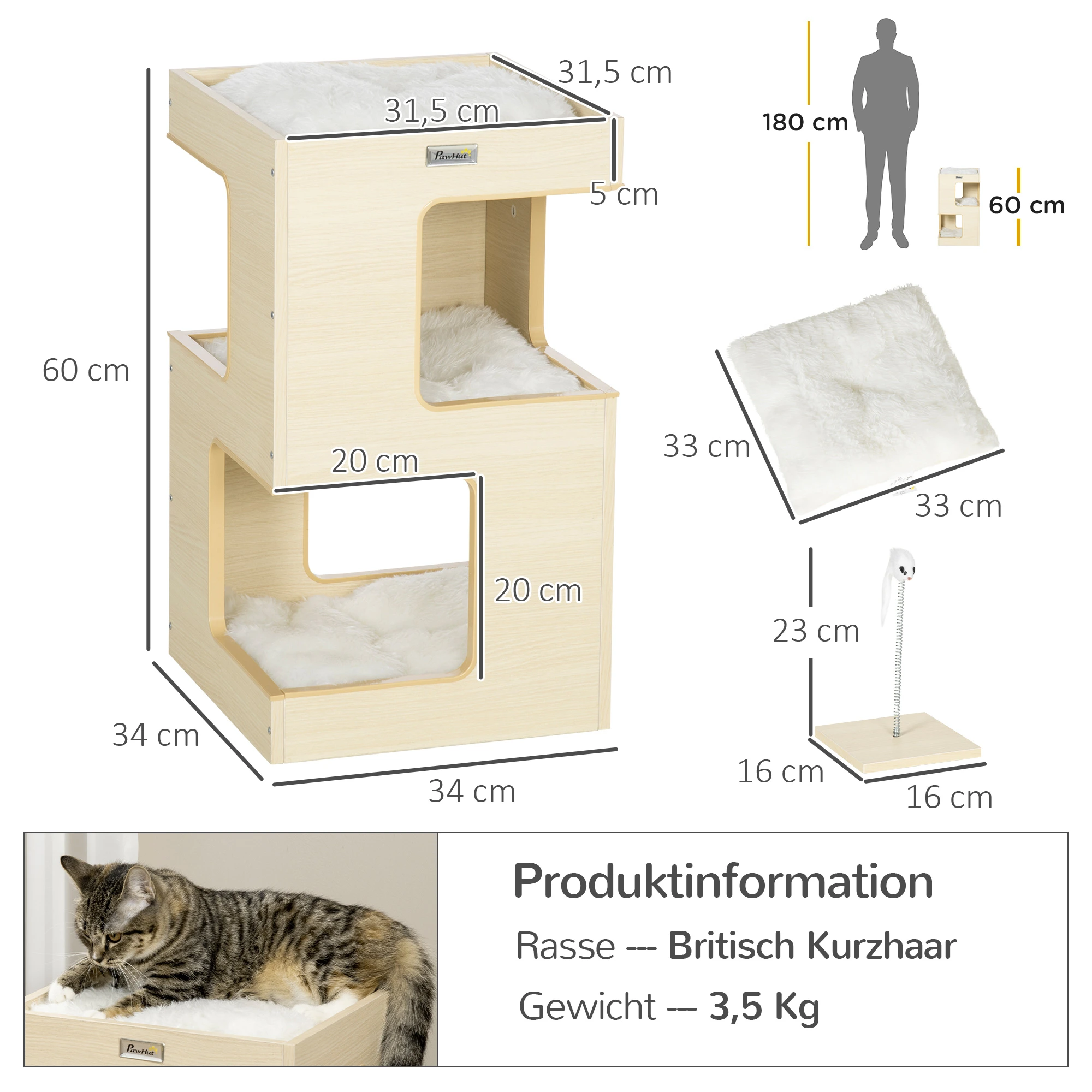 Kattenmeubel, 34 cm x 34 cm x 60 cm, Naturel + Lichtgrijs