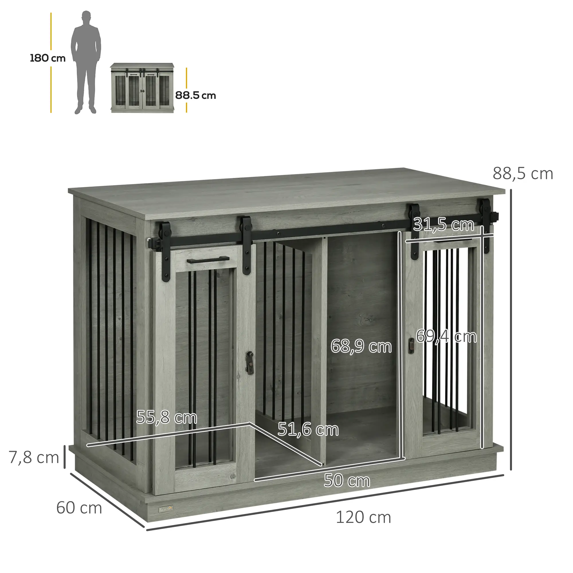 Bench met 2 deuren rustiek ontwerp, Grijs 120L x 60W x 88.5Hcm