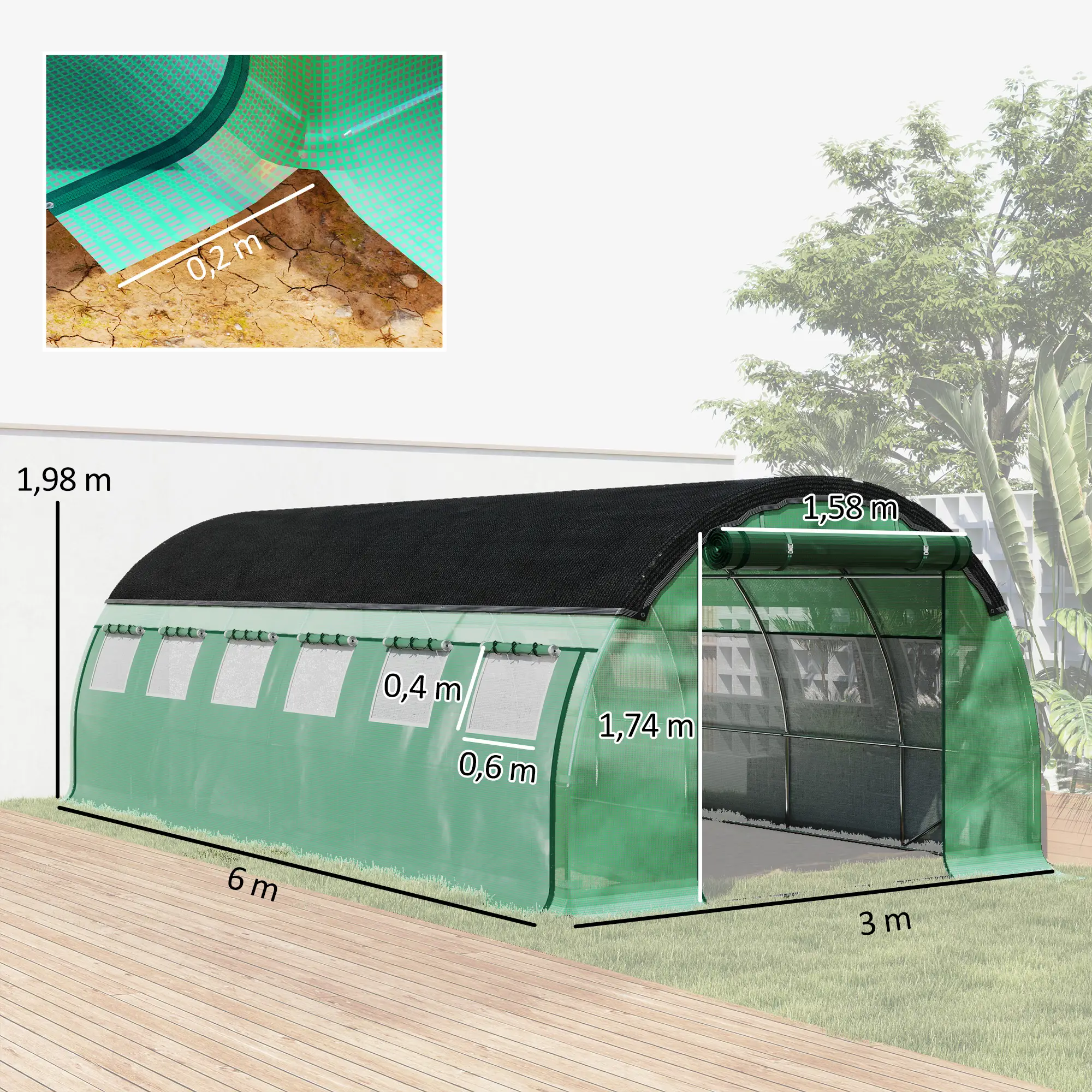 Tunnelkas 6 x 3 x 2 m met Zonweringsnet