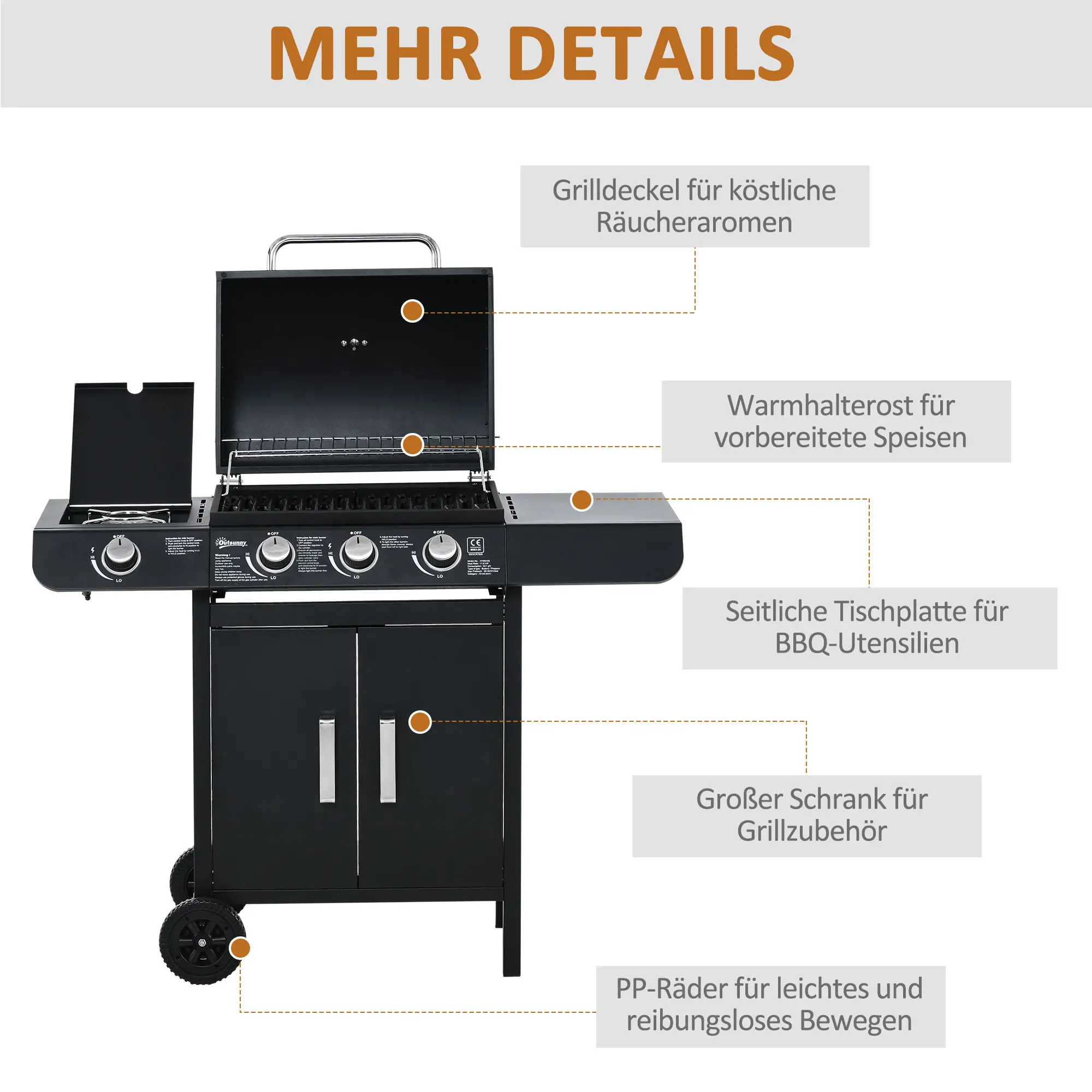Gasgrill met 4 branders RVS 110L x 50B x 100H cm