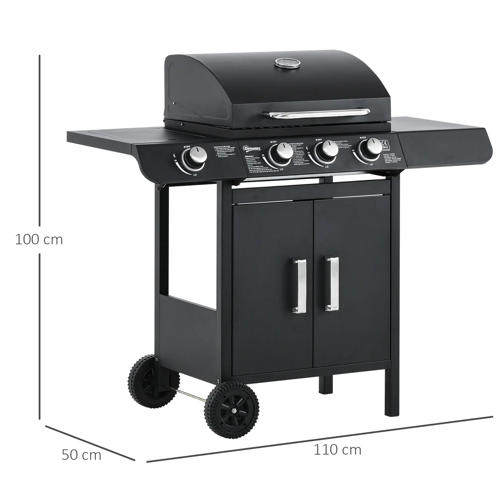 Gasgrill met 4 branders RVS 110L x 50B x 100H cm