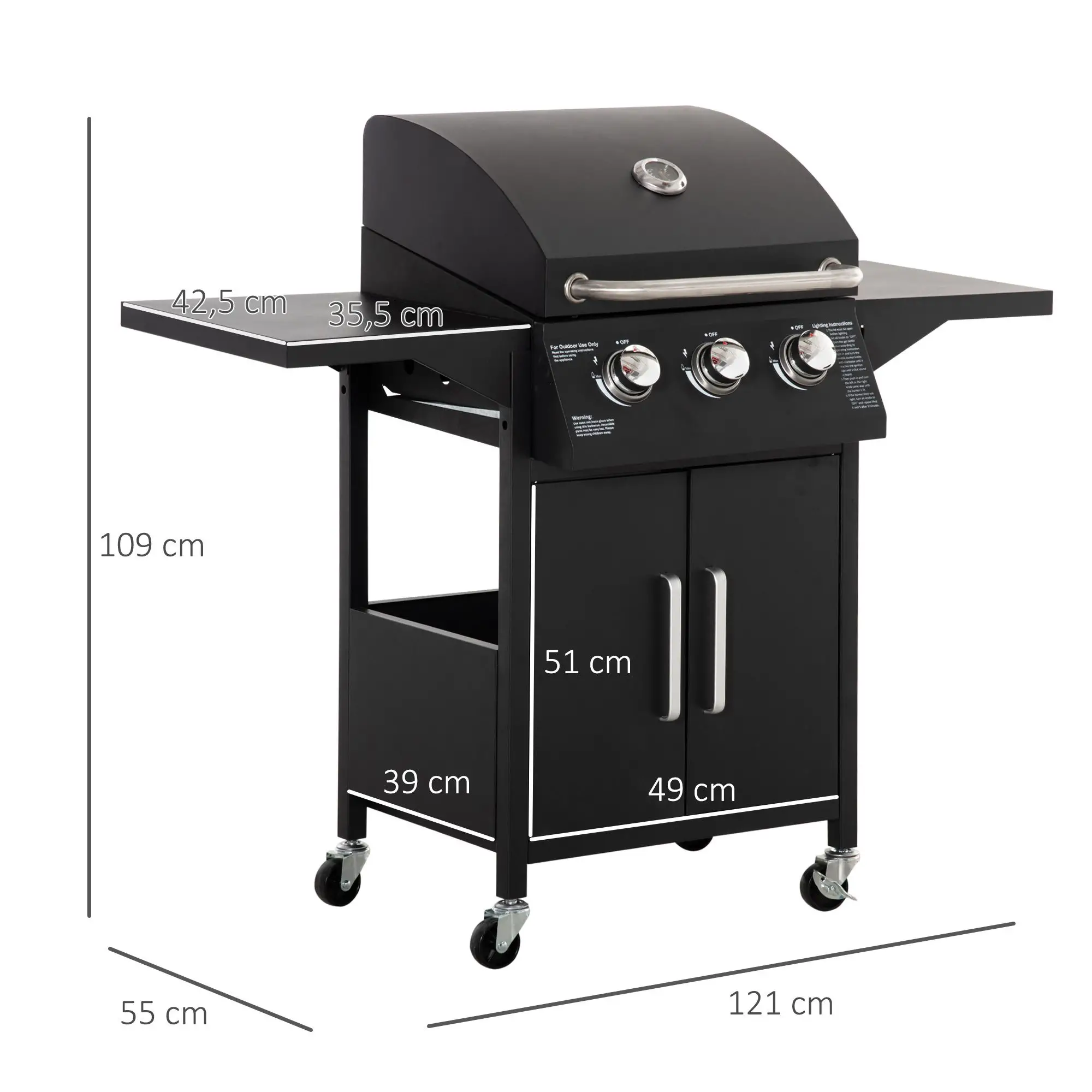 Gas BBQ 3 branders 121L x 55B x 109H cm