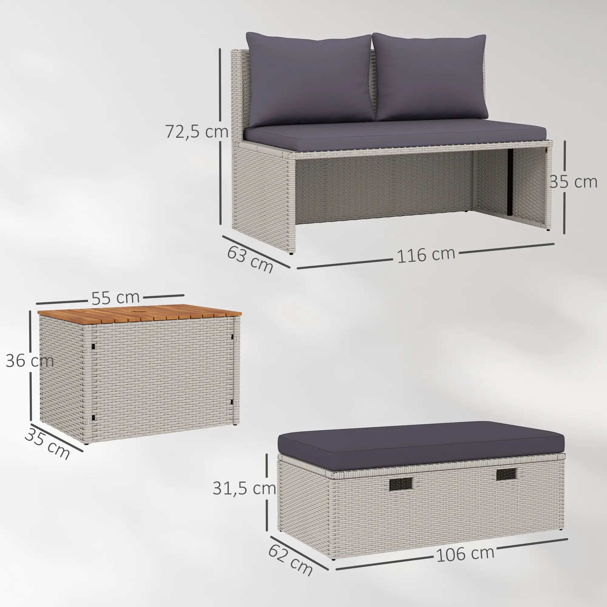 Poly rotan ligstoel 125x114x72,5 cm Grijs