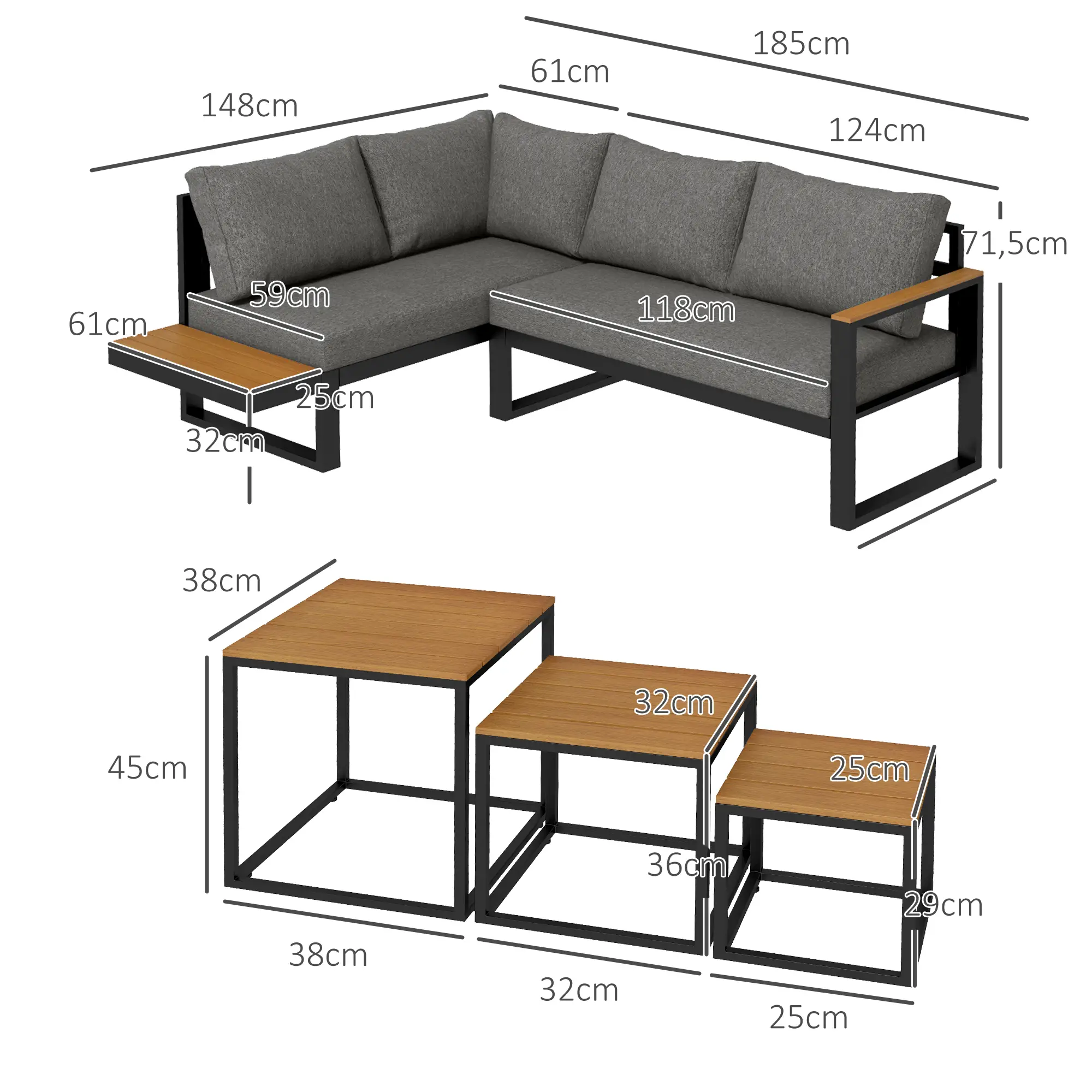 5-delig Lounge, 148 cm x 61 cm x 71,5 cm