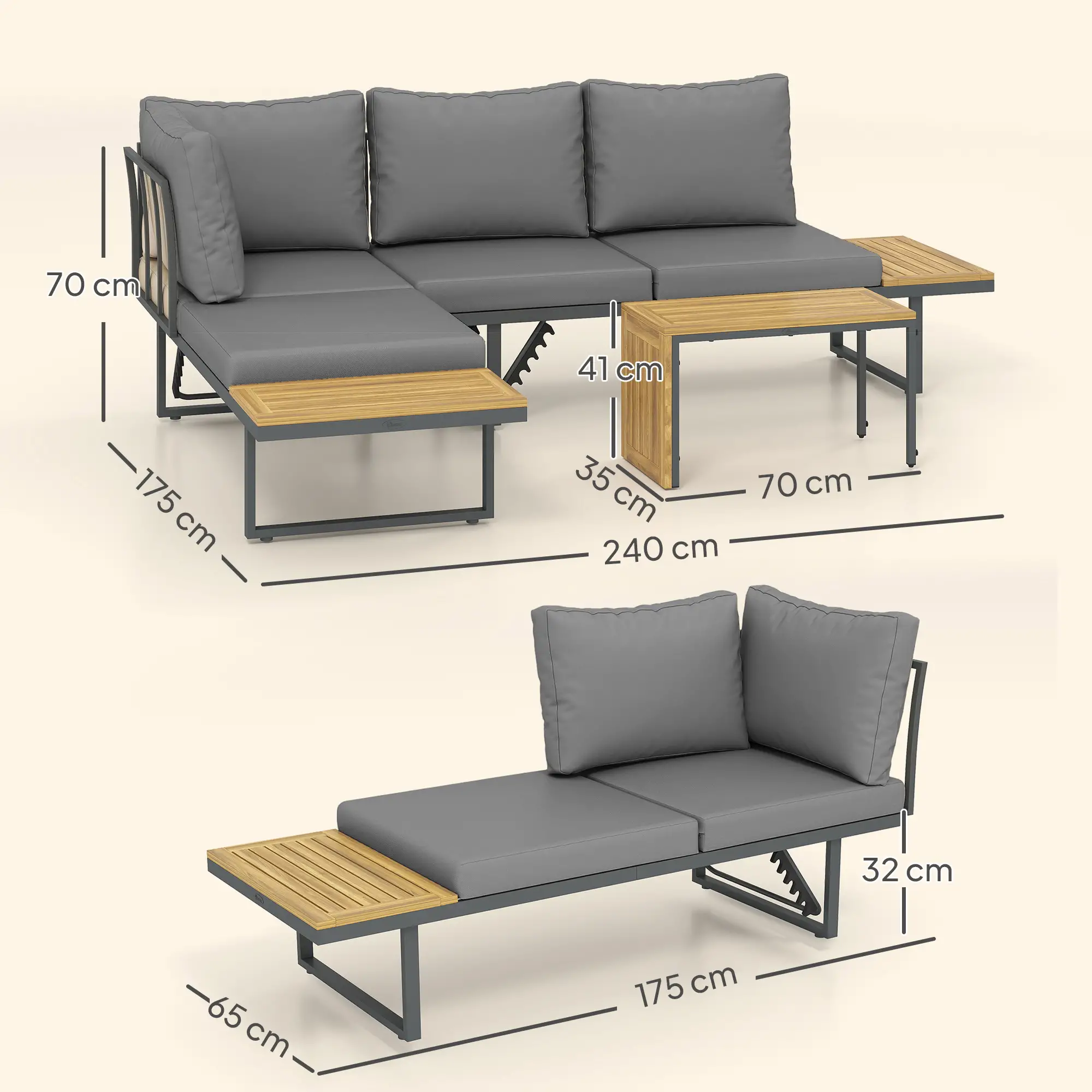 Tuinset, 6 pers. L-vormig met tafels, verstelbare rugleuningen, grijs