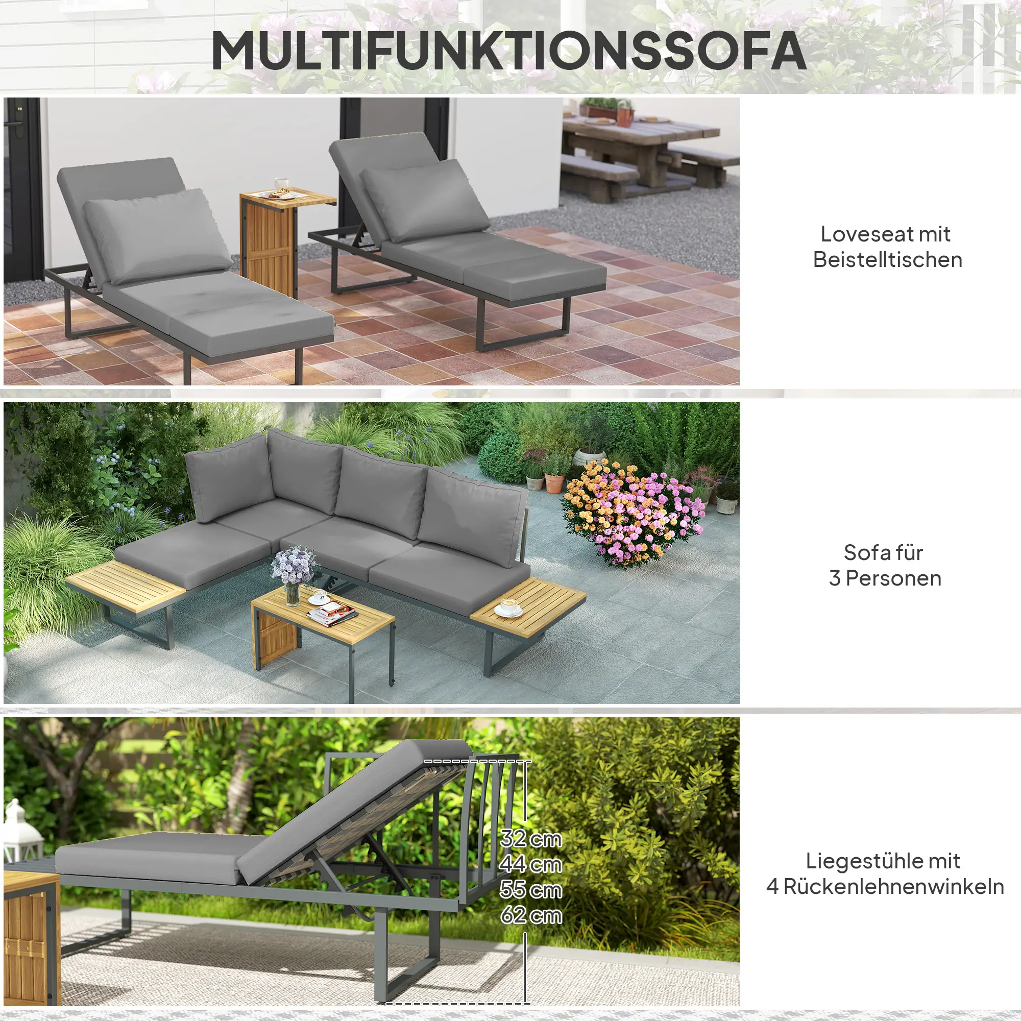Tuinset, 6 pers. L-vormig met tafels, verstelbare rugleuningen, grijs