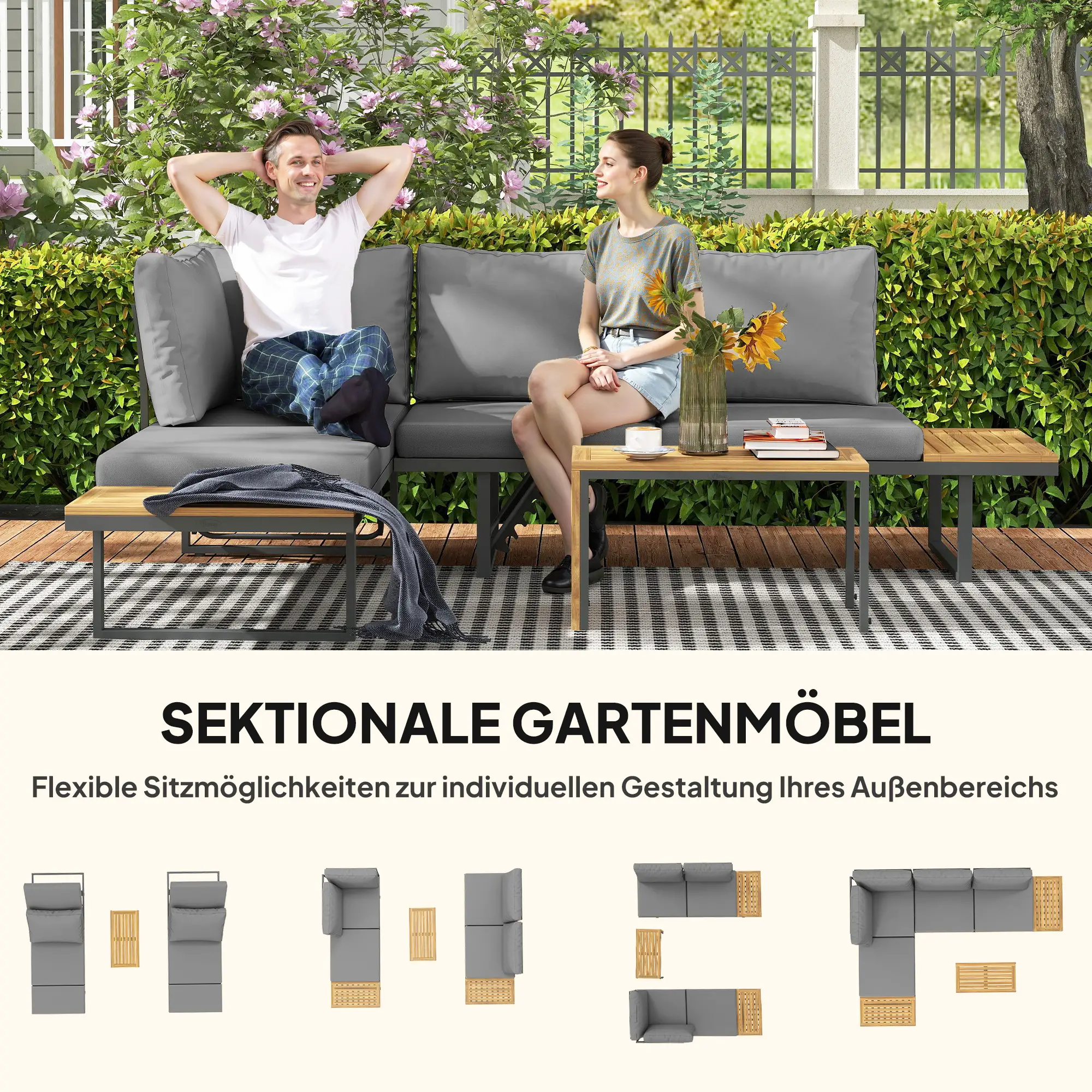Tuinset, 6 pers. L-vormig met tafels, verstelbare rugleuningen, grijs