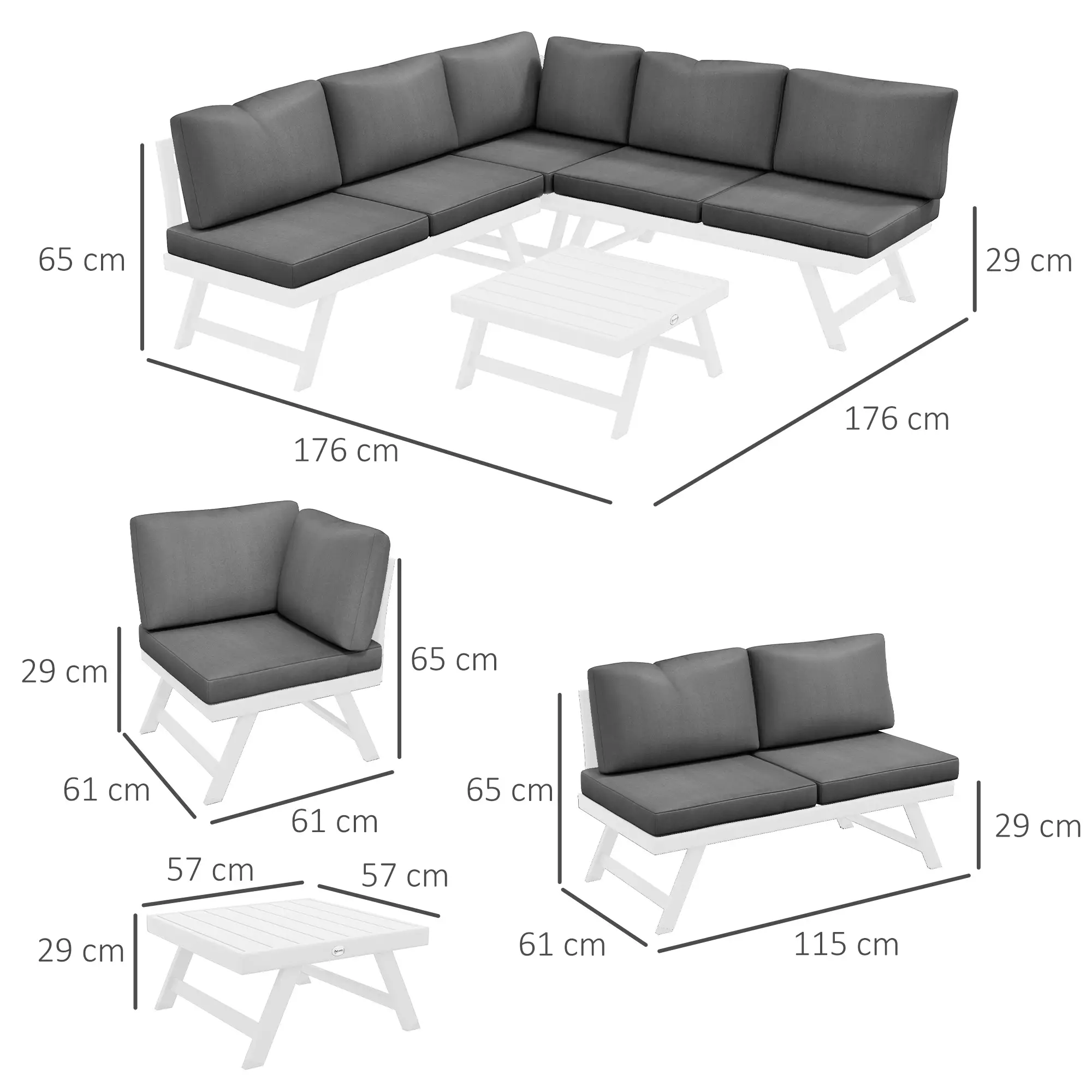 4-delige Tuinlounge 115 cm x 61 cm x 65 cm, Grijs + Wit