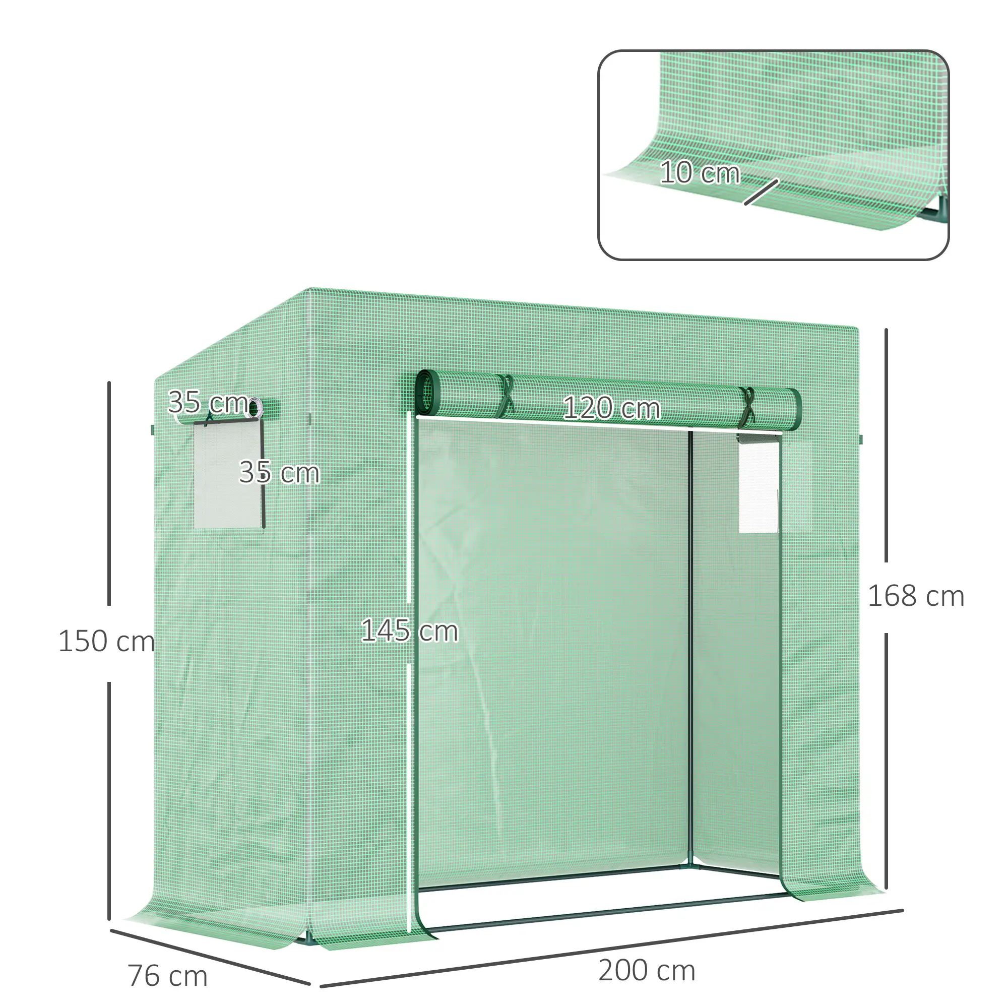 Kweekkas met Oproldeur 200 x 76 x 168 cm, Groen